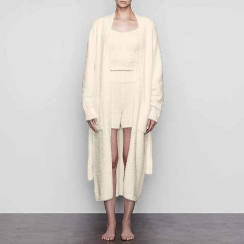 Women Plush Long Cardigan Robe Soft Fleece Loungewear With Belt Solid Color Warm Home Coat Casual Sleepwear Outerwear