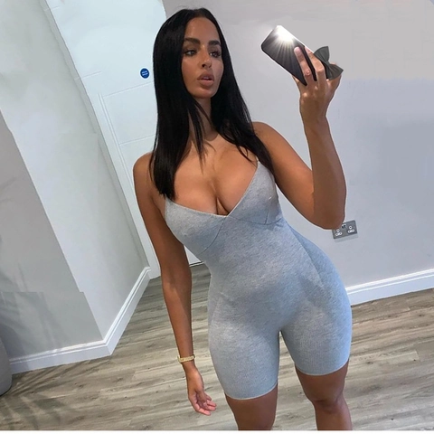 Women Sexy Ribbed Bodycon Romper Sleeveless Spaghetti Strap V-Neck Cotton Blend Biker Short Jumpsuit Summer Fashion Bodysuit