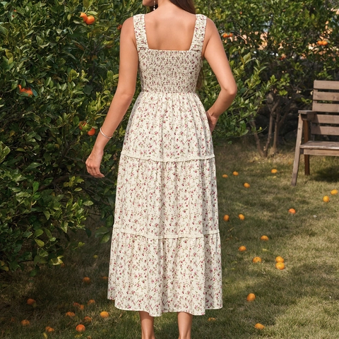 Abito Lungo Floreale Sexy Francese Scollo Quadrato Donna Estate Schiena Scoperta Balze Elastico Arricciato Spalline Volant