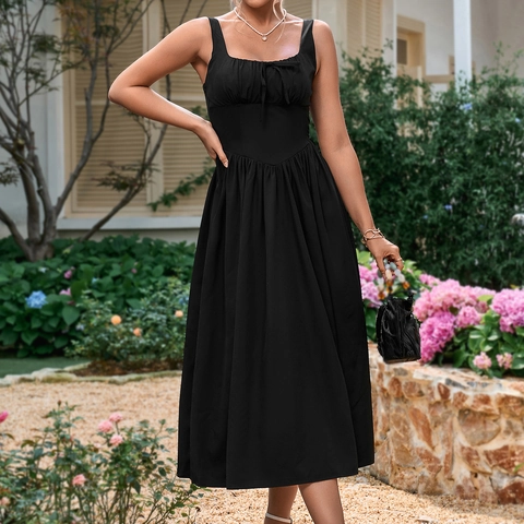 Women's Square Neck Cami Maxi Dress Sexy Backless Shirred Waist Slimming Vacation Polyester Long Dress For Summer Casual