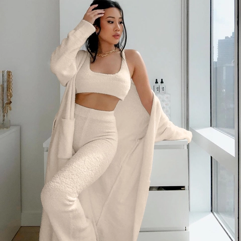 Women Plush Long Cardigan Robe Soft Fleece Loungewear With Belt Solid Color Warm Home Coat Casual Sleepwear Outerwear