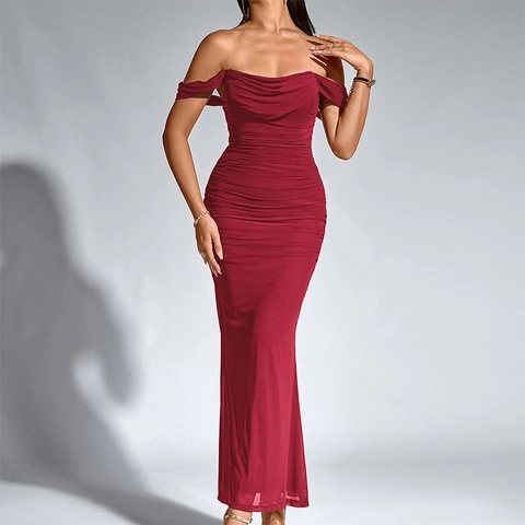 Sexy Schulterfreies Gerafftes Maxikleid Für Damen Elegantes Bodycon Mesh Abendparty Langes Kleid Einfarbig Blumendruck