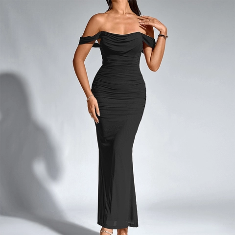 Sexy Schulterfreies Gerafftes Maxikleid Für Damen Elegantes Bodycon Mesh Abendparty Langes Kleid Einfarbig Blumendruck