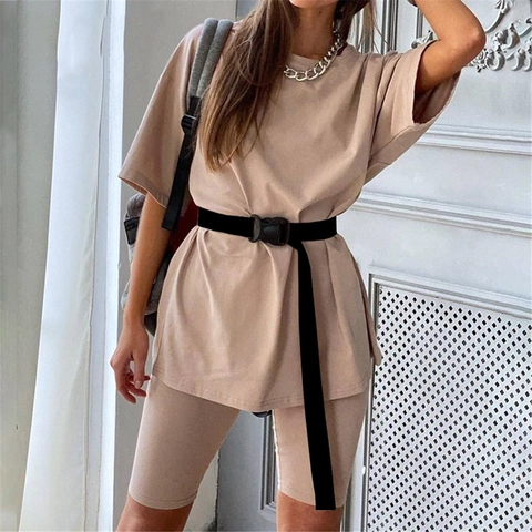 Damen Casual Zwei Teiler Set Oversized Rundhals Kurzarm T-Shirt Und Hohe Taille Biker Shorts Sommer Einfarbig Streetwear Outfit