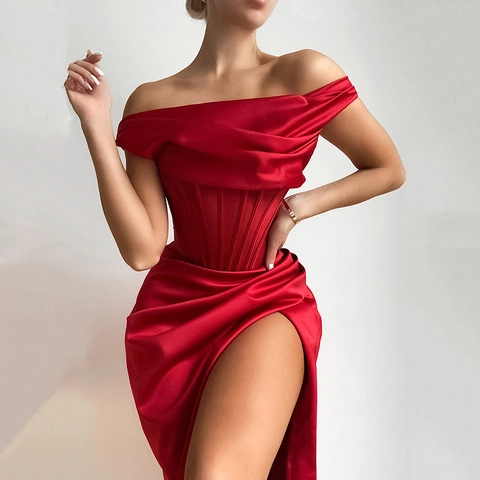 Abito Midi da Donna Sexy in Raso con Corsetto e Arricciature Spalle Scoperte Spacco Laterale Vita Alta Bodycon Cocktail Party