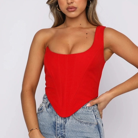 Sexy Satin One Shoulder Corset Top Women Asymmetrical Fishbone Boning Crop Top Back Zipper Slim Fit Party Sleeveless Vest