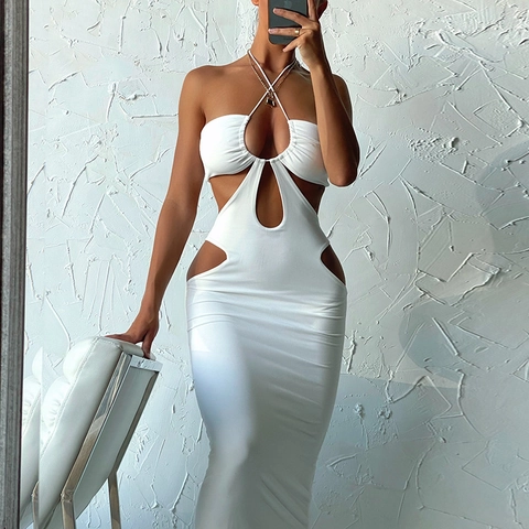 Sexy Neckholder Maxikleid mit Rückenausschnitt Einfarbig Bodycon Langes Strand Partykleid Für Damen
