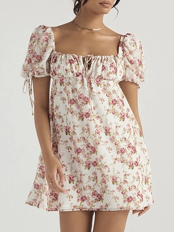 Women French Vintage Floral Mini Dress Square Neck Backless Puff Sleeve Pink Rose Print A-Line Vacation Dress