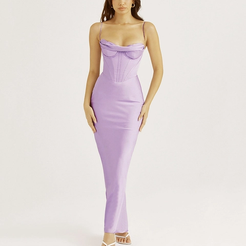 Satin Cowl Neck Corset Maxi Dress Women Backless Spaghetti Strap High Waist Fishbone Bodycon Long Dress Evening Party Clubwear