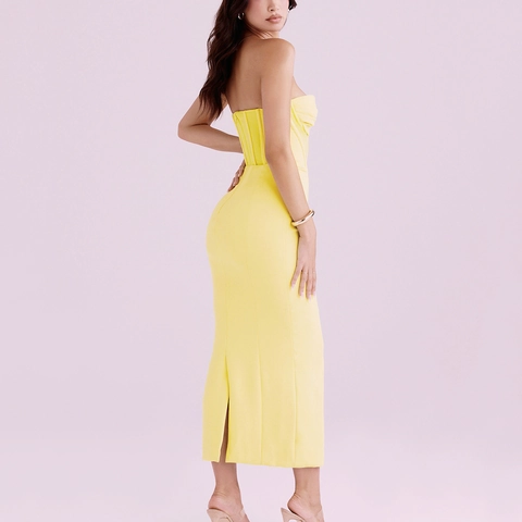 Sexy Robe Maxi Corset Épaules Dénudées pour Femmes Jaune Polyester Sans Bretelles Dos Nu Bodycon Robe de Soirée Fête