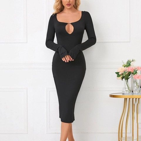 Dames Sexy Midi-jurk Met Uitsparing Lange Mouwen Met Duimgaten Vierkante Hals Split Bodycon Zwart Melkzijde Club Feest