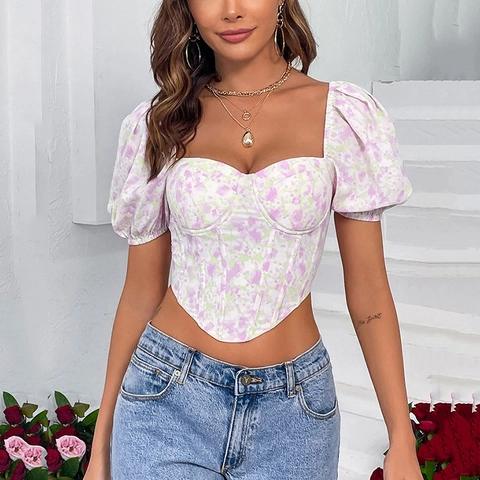 Top a Corsetto da Donna Sexy in Chiffon con Stampa Floreale Maniche a Sbuffo Scollo Quadrato con Stecche Camicia Party
