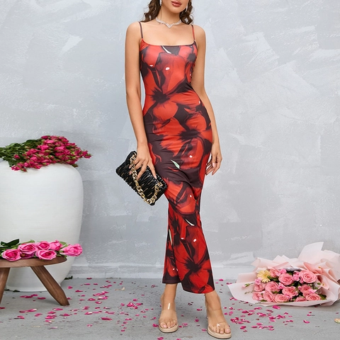 Women Sexy Red Floral Print Maxi Dress Spaghetti Strap Backless Side Slit Bodycon Square Neck Summer Long Dress