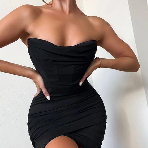 Vestito Donna Sexy Senza Spalline Increspato in Rete Bodycon Mini Abito Corsetto Senza Maniche Party Club