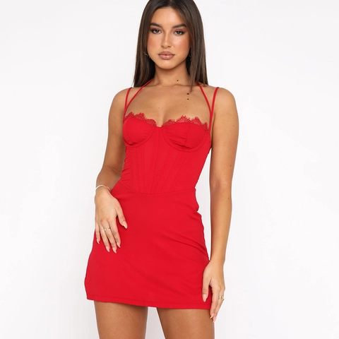 Sexy Lace Corset Mini Dress Women Spaghetti Strap Backless Side Split Bodycon Fishbone Party Club Short Dress