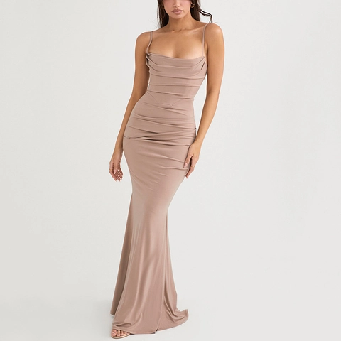Damen Raffung Rückenfrei Spaghetti Träger Maxikleid Elegant Bodycon Meerjungfrau Saum Abend Party Hochzeit Gast Langes Kleid