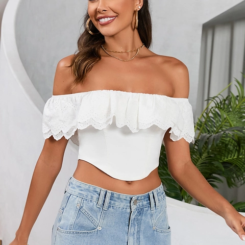 Women White Off The Shoulder Crop Top Eyelet Lace Ruffle Short Sleeve Slim Fit Sexy Summer Streetwear Fashion Tube Top