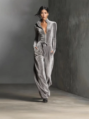 Damen Casual Samt Langarm Jumpsuit Stehkragen Reißverschluss Kordelzug Weites Bein Einfarbig Slim Fit Overall