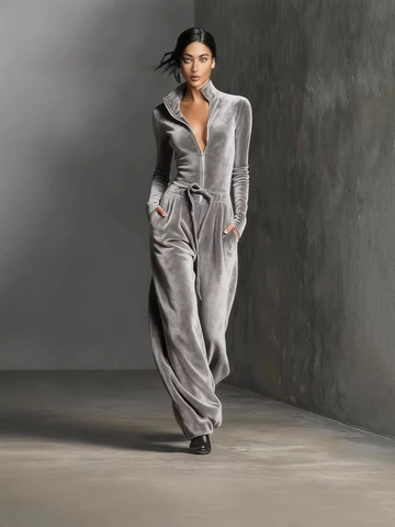 Damen Casual Samt Langarm Jumpsuit Stehkragen Reißverschluss Kordelzug Weites Bein Einfarbig Slim Fit Overall