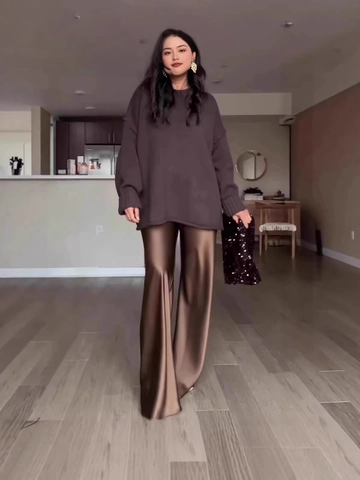 Pantaloni a Gamba Larga in Raso da Donna Vita Alta Drappeggiati Setosi a Campana Casual Eleganti Tinta Unita Larghi