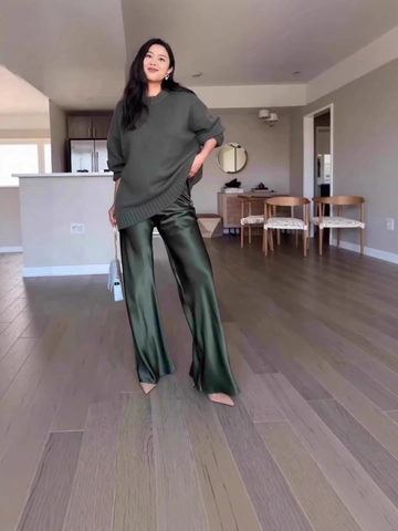 Pantaloni a Gamba Larga in Raso da Donna Vita Alta Drappeggiati Setosi a Campana Casual Eleganti Tinta Unita Larghi