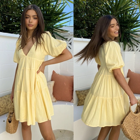 Vestido Mini Casual de Verano para Mujer con Cuello en V Mangas Abullonadas Escalonado Color Sólido Cintura Suelta Volantes
