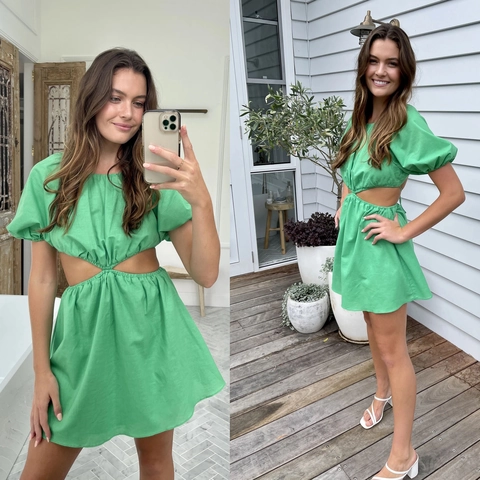 Women's Summer Casual A-Line Dress Fashion Puff Short Sleeve Cutout Waist Sweetheart Neck Solid Color Mini Holiday Dress