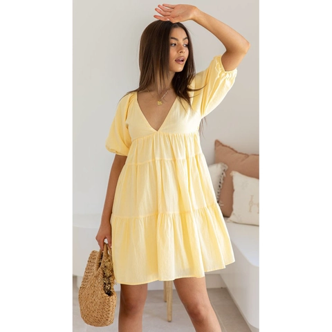Vestido Mini Casual de Verano para Mujer con Cuello en V Mangas Abullonadas Escalonado Color Sólido Cintura Suelta Volantes