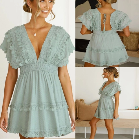 Damen Boho Minzgrün Tiefer V-Ausschnitt Rückenfrei Quaste Minikleid Sommer Schweizer Punkt Spitze Gestuft Strand Party Kleid