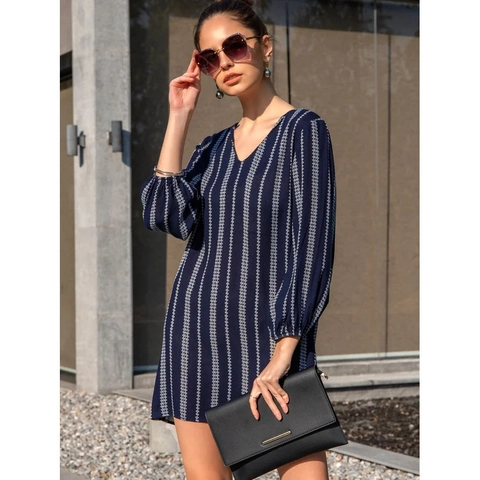 Women's V-Neck Long Sleeve Mini Dress Dark Blue Geometric Stripe Print Lantern Sleeve Casual Urban Spring Summer Fashion Dress