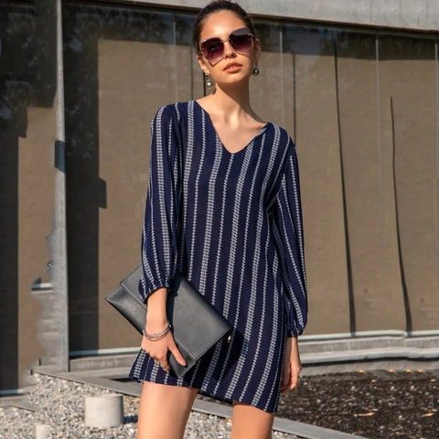 Women's V-Neck Long Sleeve Mini Dress Dark Blue Geometric Stripe Print Lantern Sleeve Casual Urban Spring Summer Fashion Dress