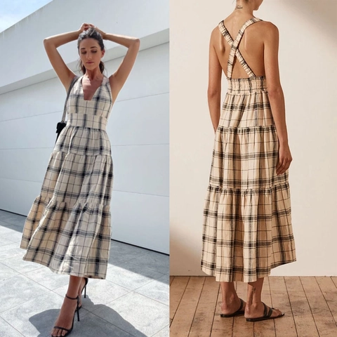 Women French Plaid Backless Tiered Midi Dress V Neck A-Line Plaid Checkered Cami Sleeveless Summer Vacation Party Sundress