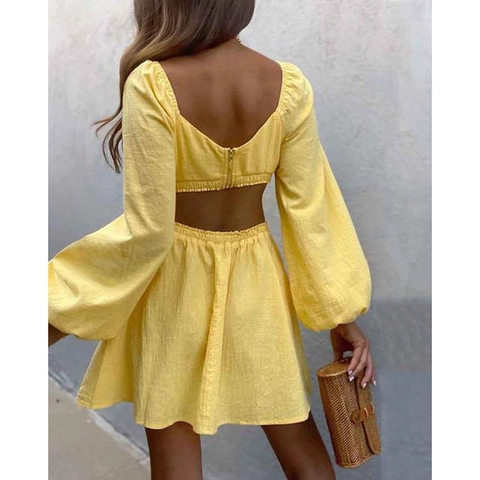 Vestido Mini de Mujer Sexy Escote Corazón Manga Larga Abullonada con Aberturas Cintura Línea A Poliéster Color Sólido Amarillo Verano Vacaciones