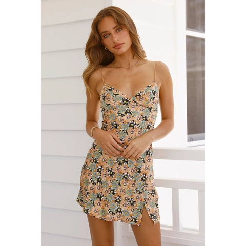 Zomerse Bloemen Spaghetti Bandjes Mini Jurk V-Hals Rugloos Zijsplit Polyester Bedrukte Slim Fit A-Lijn Jurk Voor Dames