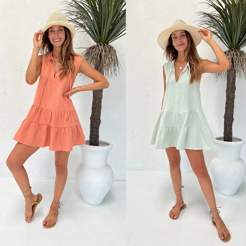 Damen Casual V-Ausschnitt Ärmellos Gestuftes Minikleid Sommer Einfarbig Locker Fließend A-Linie Urlaub Strand Tufenkleid