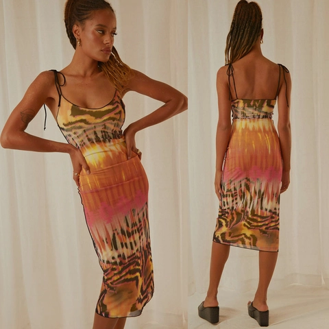 Damen Sexy Batik Tiger Druck Mesh Midi Kleid Schlanke Passform Ärmellos Bindegurte Bodycon Urlaub Party Sommer Kleid