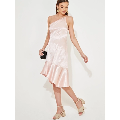 Damen Elegant Ein Schulter Satin Midi Kleid Einfarbig Unregelmäßiger Rüschensaum Ärmellos Formelle Party Hochzeit Gast Kleid