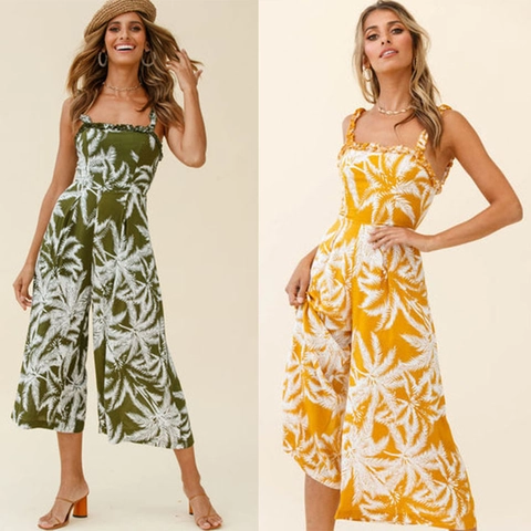 Damen Bohemian Tropical Palm Print Jumpsuit Mit Weitem Bein Rüschen Ärmellos Sommer Strand Lässig Urlaub Romper