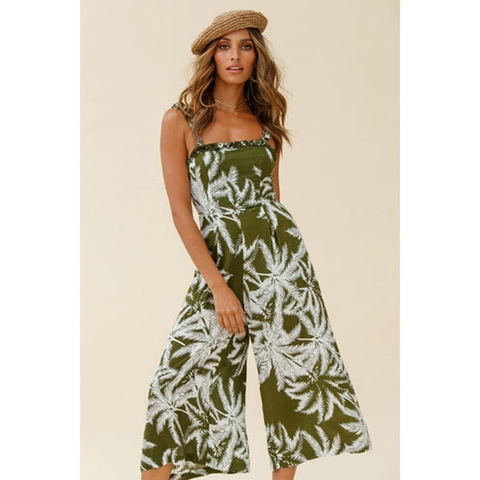 Damen Bohemian Tropical Palm Print Jumpsuit Mit Weitem Bein Rüschen Ärmellos Sommer Strand Lässig Urlaub Romper