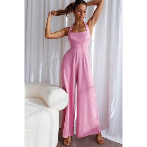 Women's Elegant Halter Neck Backless Wide Leg Jumpsuit Sleeveless Solid Color One Piece Summer Party Romper Long Pants