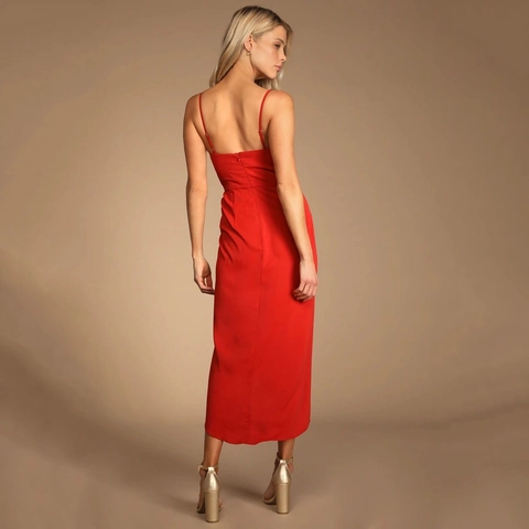 Elegant Women V Neck Spaghetti Strap Pleated Midi Dress Solid Color Sleeveless Wrap Irregular Hem Party Cami Dress