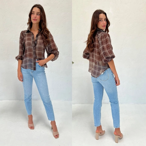 Damen Karo Print Chiffon Bluse Retro Revers Knopfleiste Puffärmel Casual Hemd Büro Dame Elegant Weinrot Top
