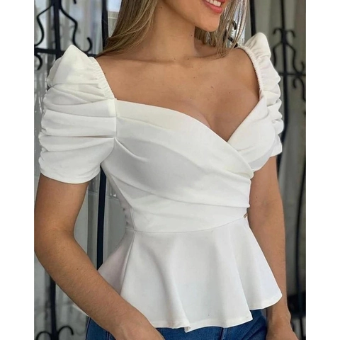 Top Peplum para Mujer con Cuello en V Manga Abullonada Casual Fruncido Manga Corta Blusa Pullover Color Sólido Elegante