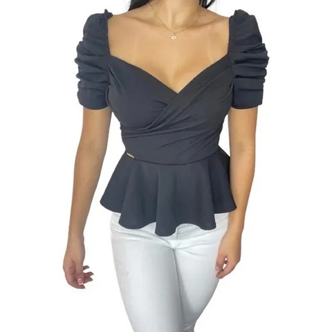 Top Peplum para Mujer con Cuello en V Manga Abullonada Casual Fruncido Manga Corta Blusa Pullover Color Sólido Elegante
