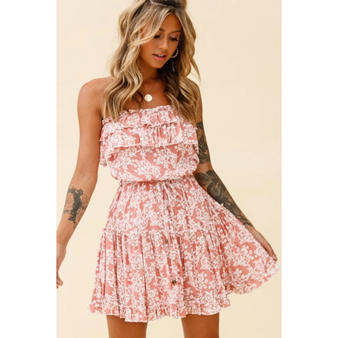 Vestito Corto Donna Stampa Floreale Senza Spalline Volant a Strati Linea a Estate Spiaggia Vacanza Senza Maniche Sexy