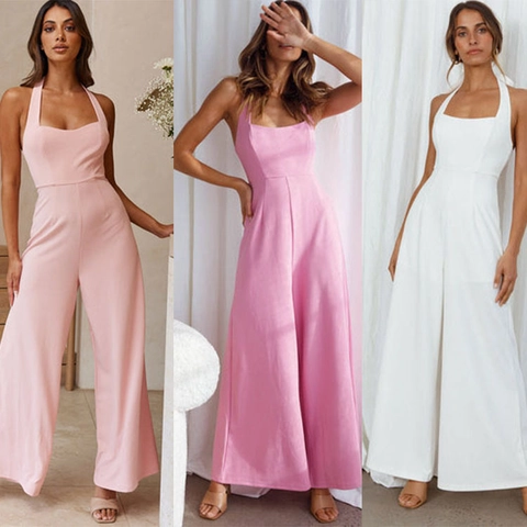 Women's Elegant Halter Neck Backless Wide Leg Jumpsuit Sleeveless Solid Color One Piece Summer Party Romper Long Pants