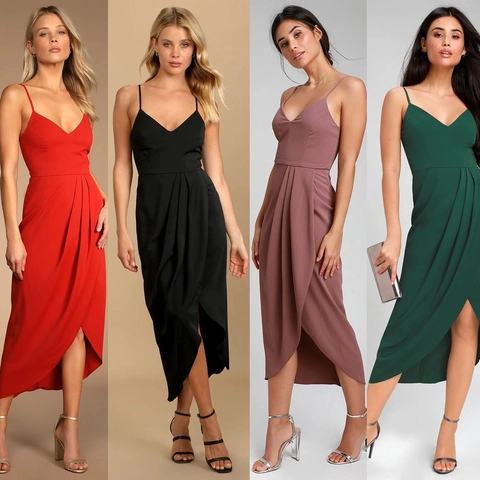 Elegant Women V Neck Spaghetti Strap Pleated Midi Dress Solid Color Sleeveless Wrap Irregular Hem Party Cami Dress