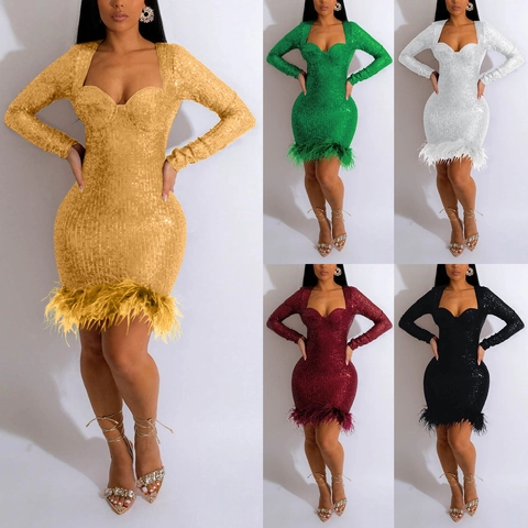 Robe Courte Moulante Sexy pour Femmes Patchwork de Paillettes et Plumes Élégante Manches Longues Col Carré Soirée Club