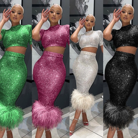 Women Sexy Sequin Crop Top And High Waist Bodycon Midi Skirt With Feather Trim Outfit For Party Clubwear Event