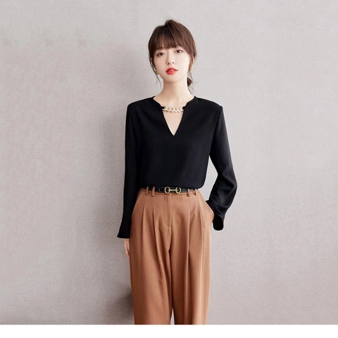 Französischer Stil Elegante Chiffon Bluse Für Damen V-Ausschnitt Langarm Top Mit Metallkette Dekoration Taillenschnürung Pullover Hemd